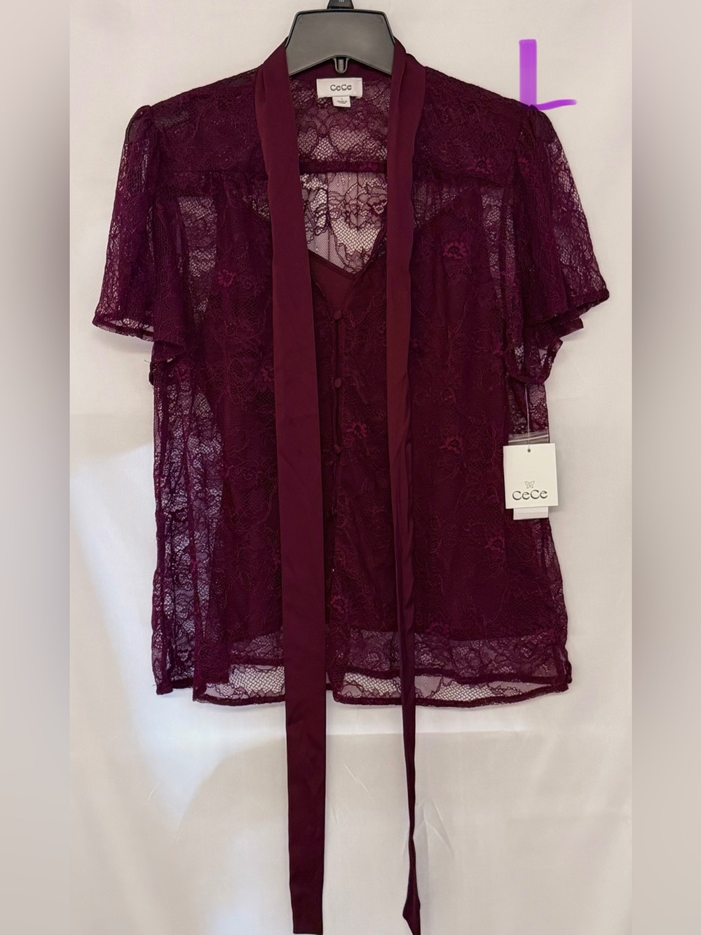 CeCe Plum Lace Tie-Neck Short Sleeve Blouse